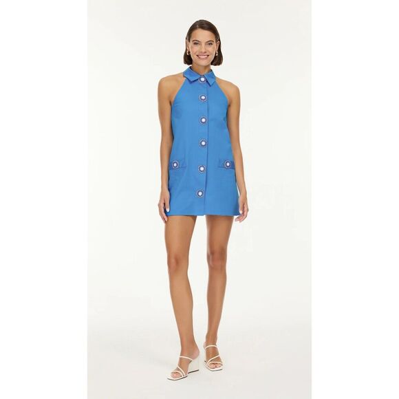 NWT My Beachy Side Amber Hand Crochet Buttons Halter Mini Dress in Blue Medium - Picture 3 of 16